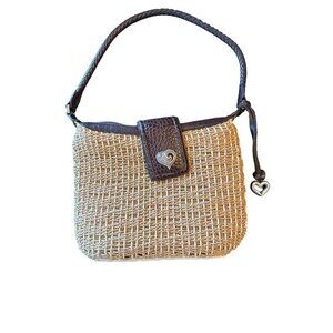 Brighton Woven Straw Shoulder Bag Leather Trim Purse Zip Top